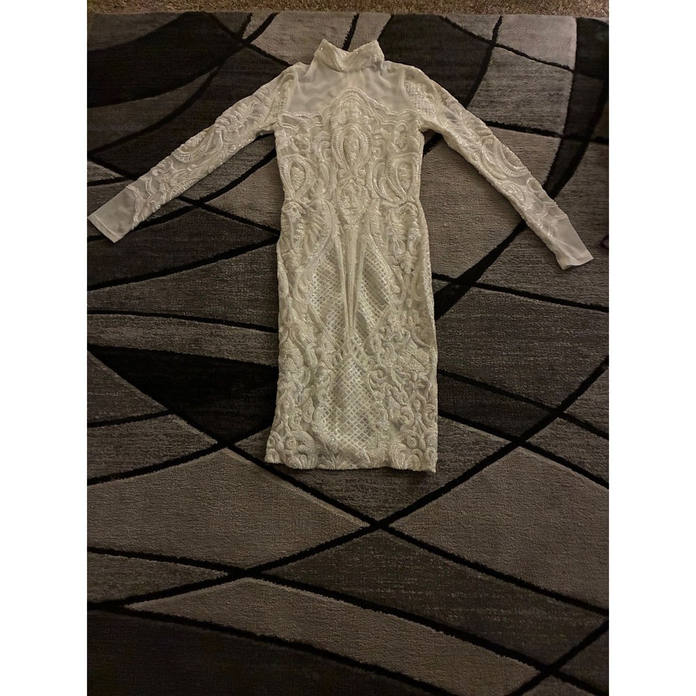 Hot Miami Styles White Sequin Mock Neck Long Sleeve Mesh Bodycon Dress